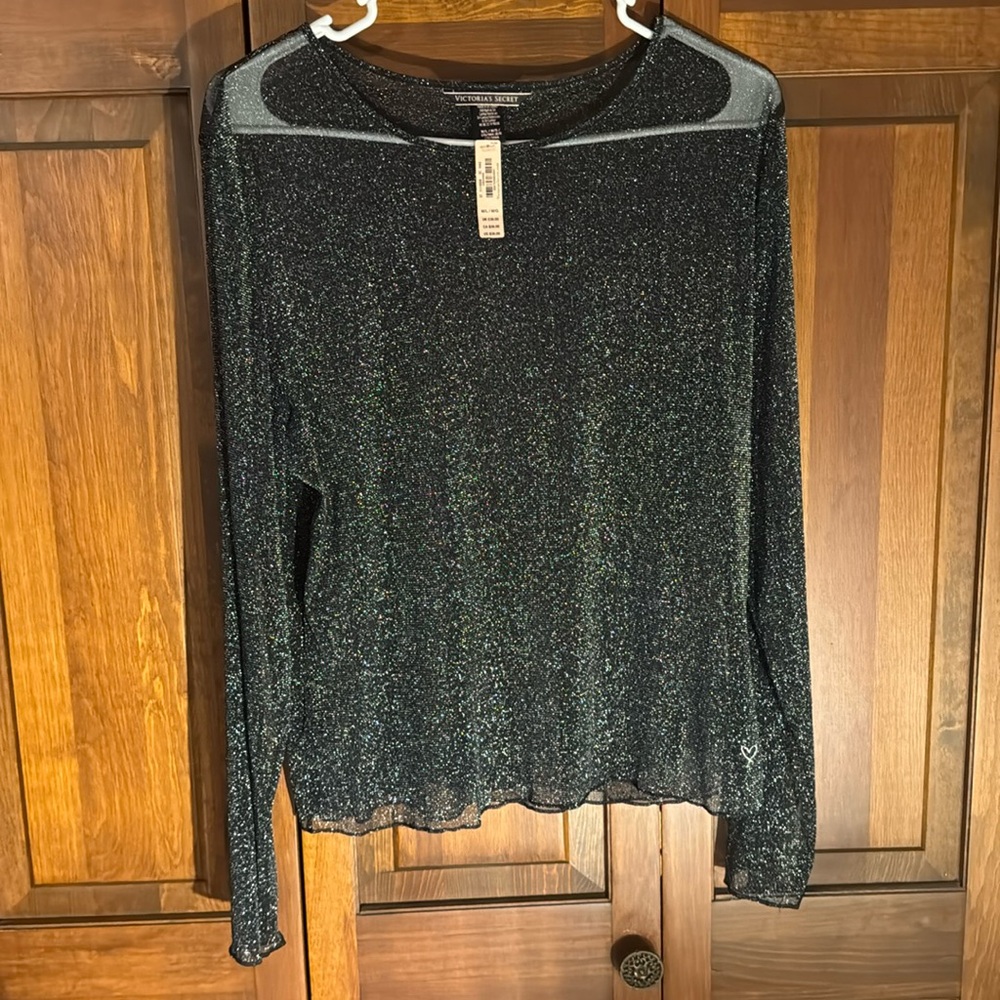 Victoria Secret Translucent Sparkly Shirt Size M/L Glitter Mesh Long Sleeve